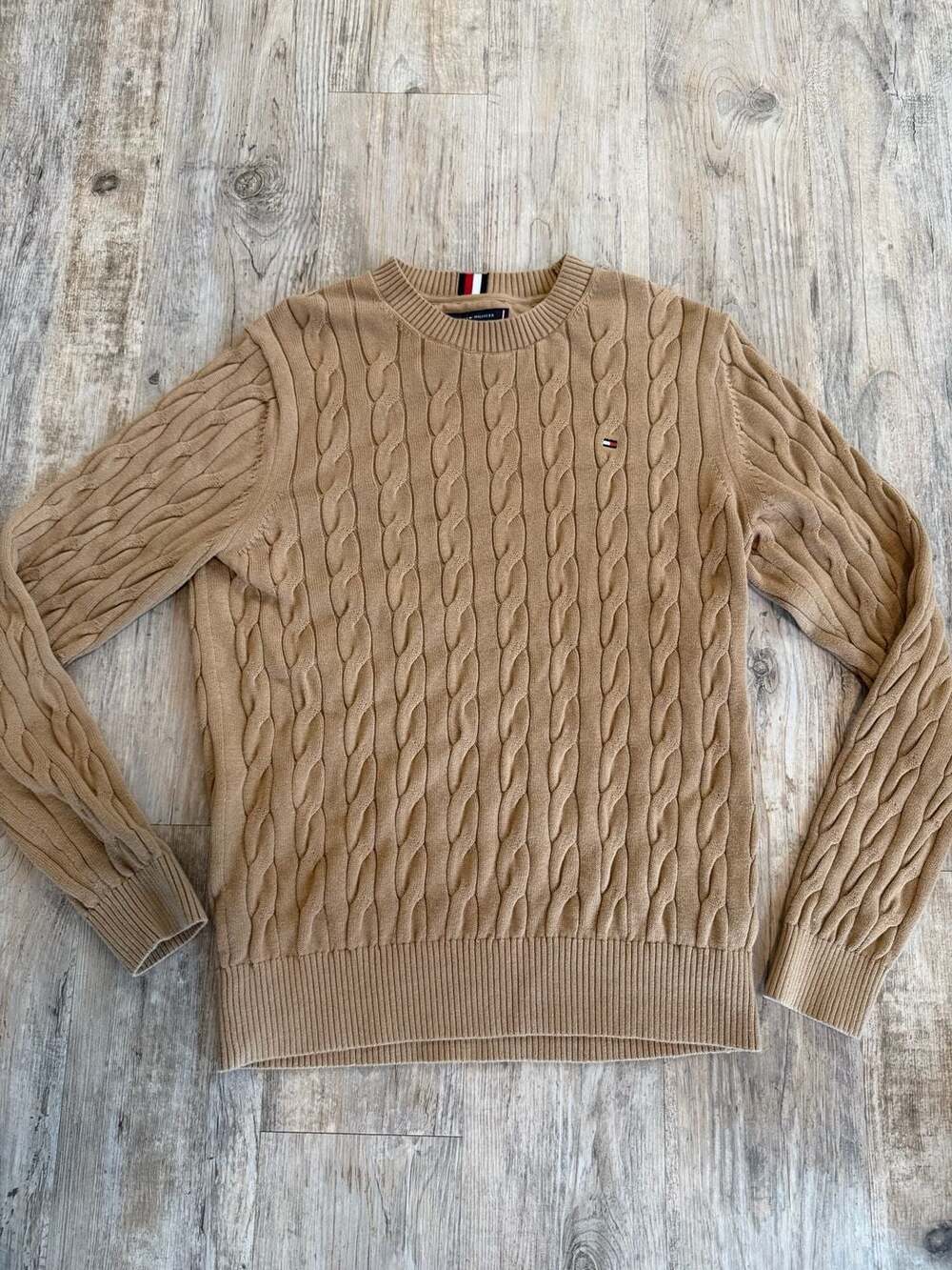 Tommy Hilfiger Camel Tan Men's Crewneck Cable Knit Sweater
